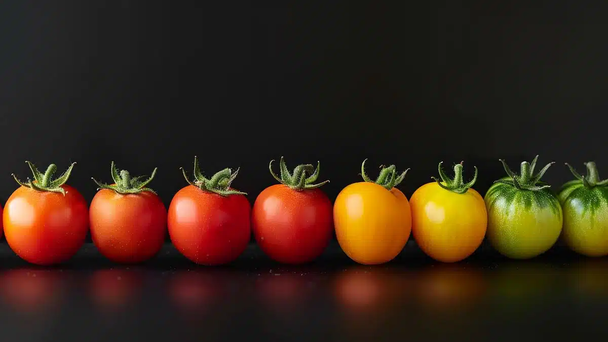 Colorful tomatoes in different shades from bright red to lemon yellow.