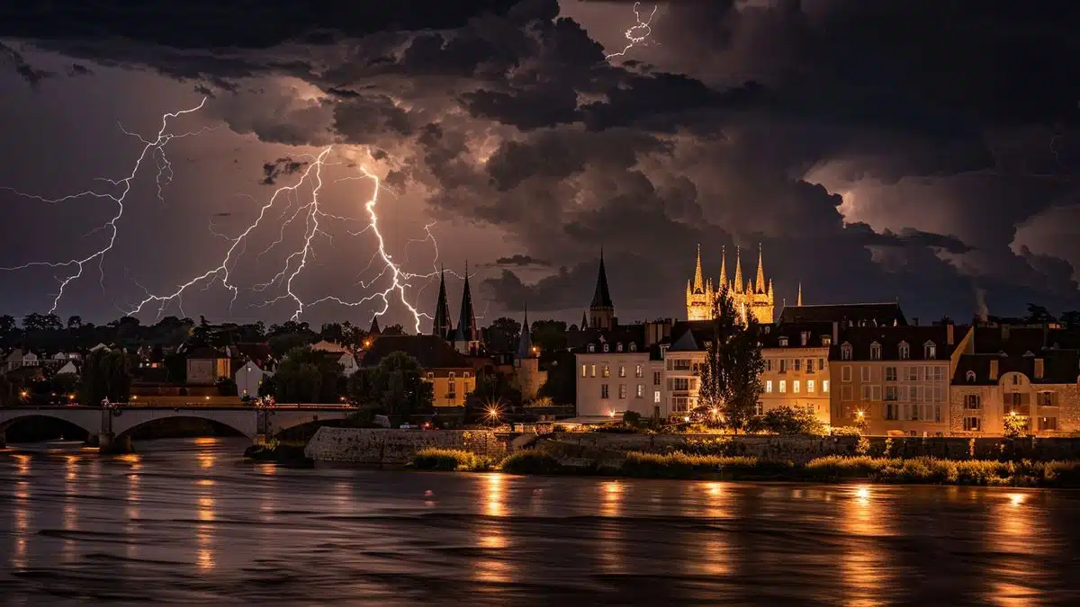 Lightning strikes illuminating the sky over the Loiret department at night.