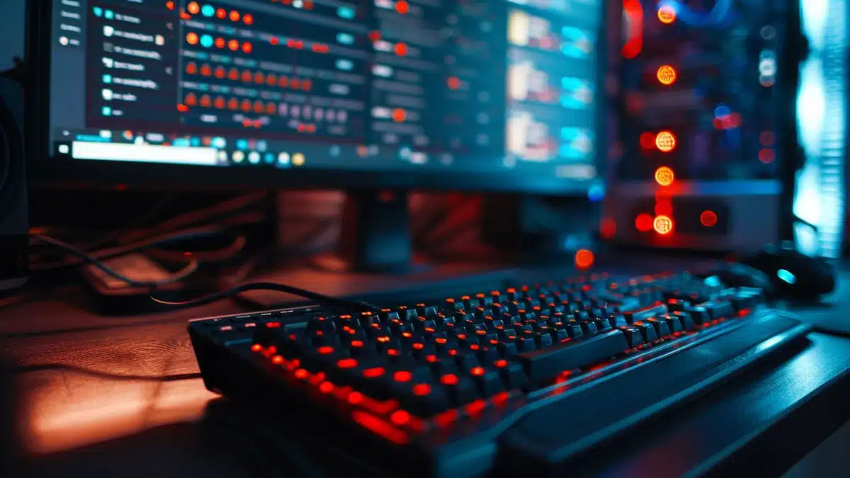 Closeup of a keyboard and monitor with terminal open