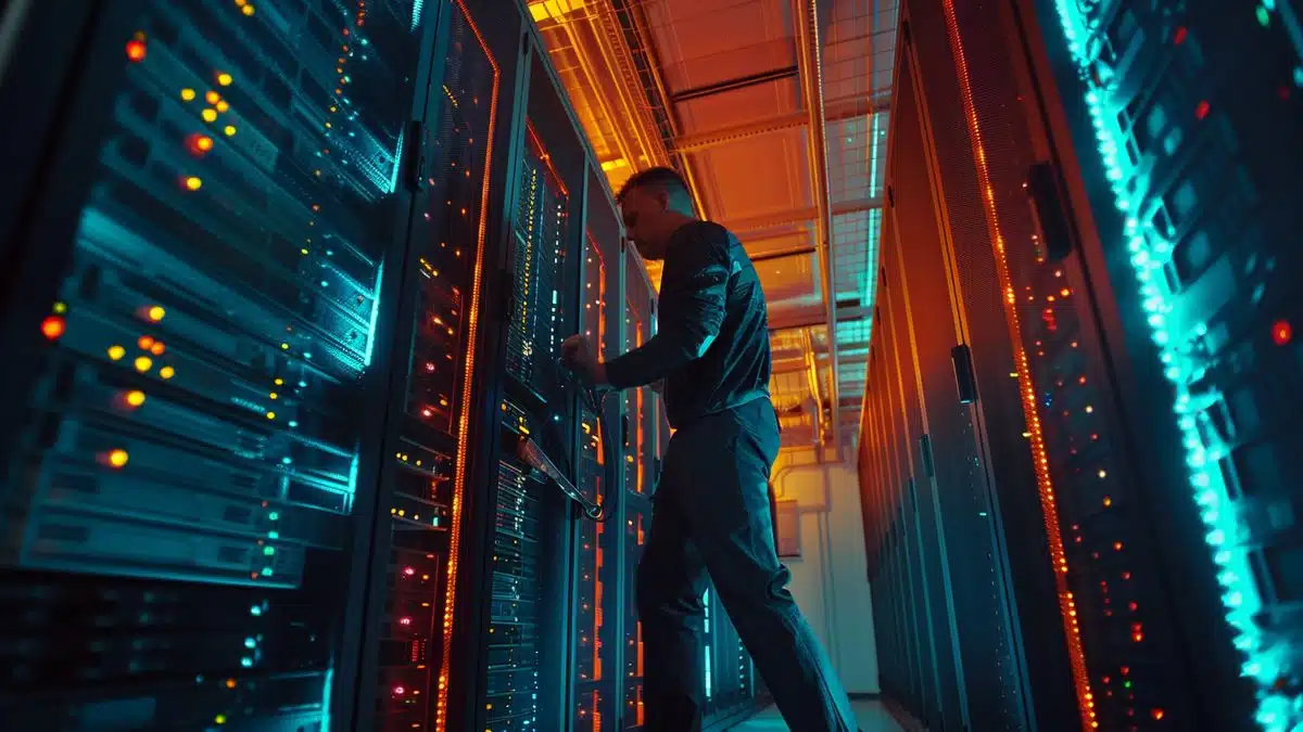 Technician installing security software on a server in a modern data center.