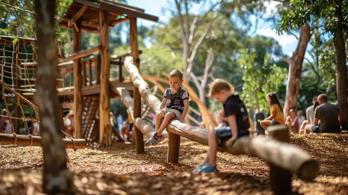 Parents relaxing nearby while children play on a wooden jungle gym.