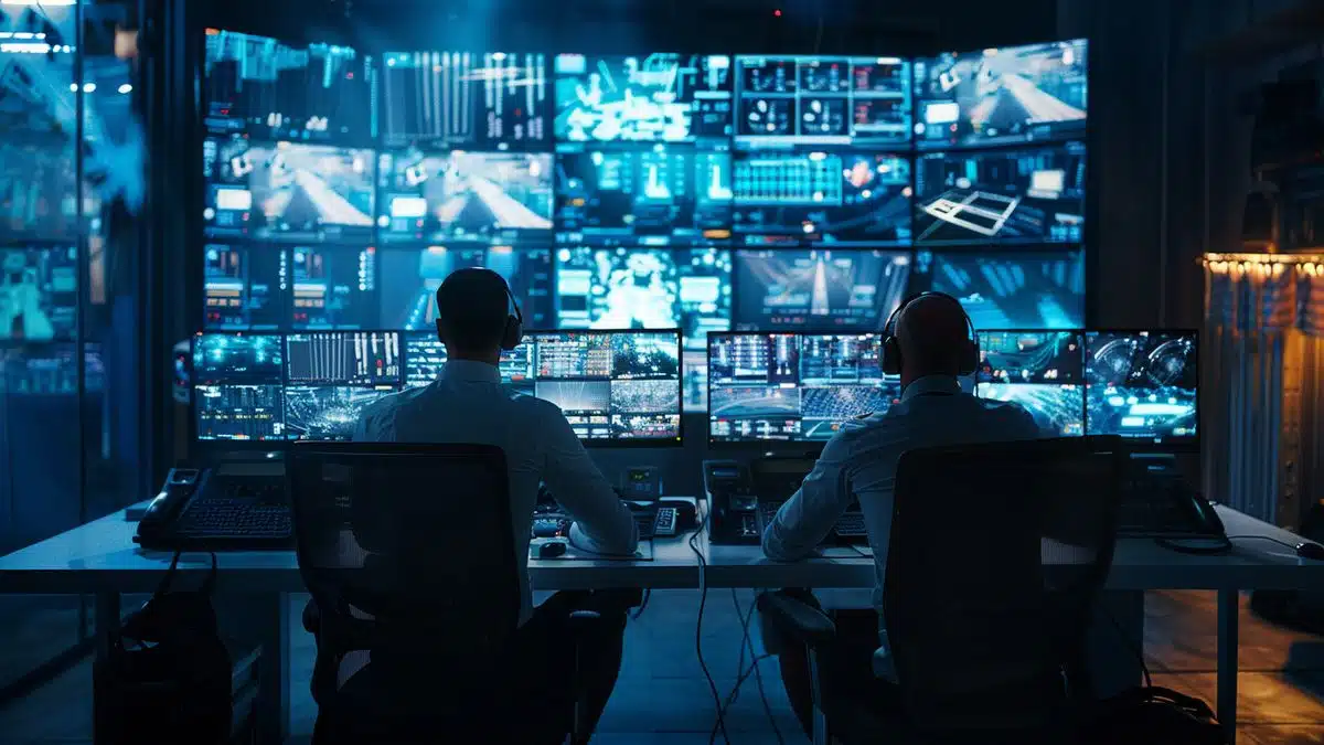 Security team responding to an incident in a hightech control room.