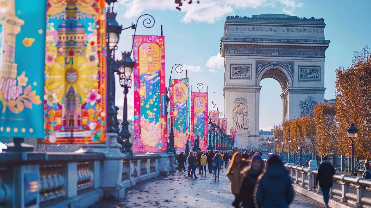 Iconic Paris landmarks with vibrant event banners