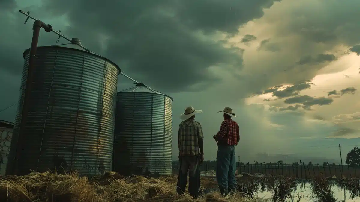 Local farmers standing beside empty water tanks, looking distressed.