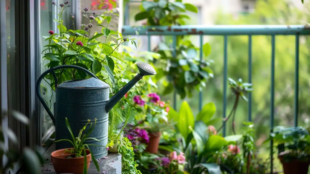 Balcony garden with various green plants thriving, an elegant watering can nearby.