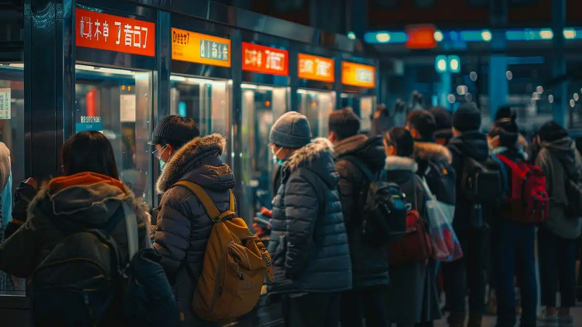 Crowds eagerly lining up at a ticket booth.