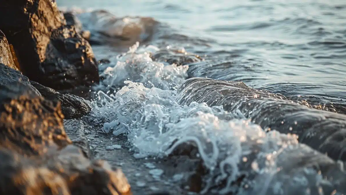 Rocky shoreline with gentle waves lapping against the shore, undiscovered by many.