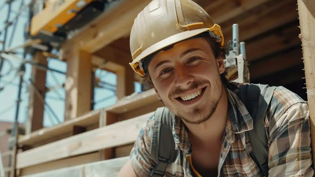 Builder using ecofriendly screws with a beaming smile.