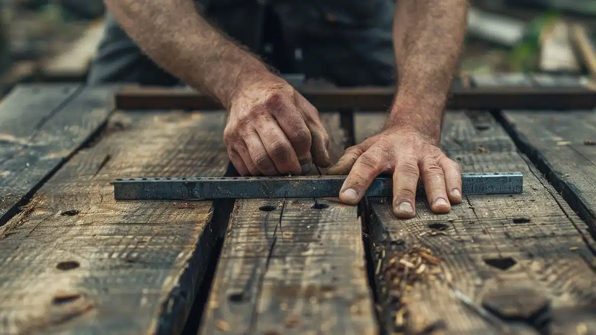 Hands measuring screw length against a wooden plank.