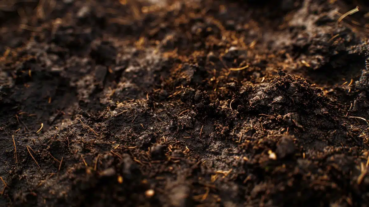 Rich, dark soil with organic compost being tilled thoroughly.