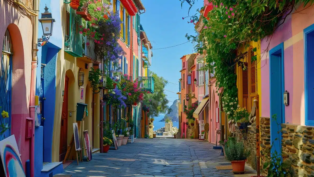 Vibrant streets of Collioure with colorful houses and artists painting.