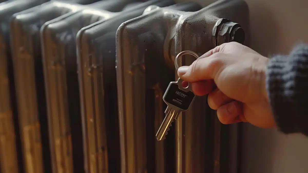 Closeup of hand holding a radiator key next to Acova radiator.