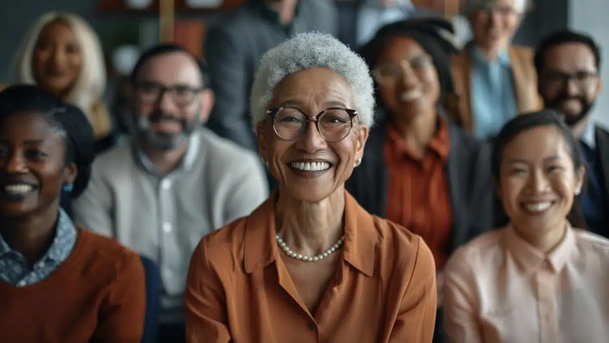 Smiling faces of a diverse group in a conference room.