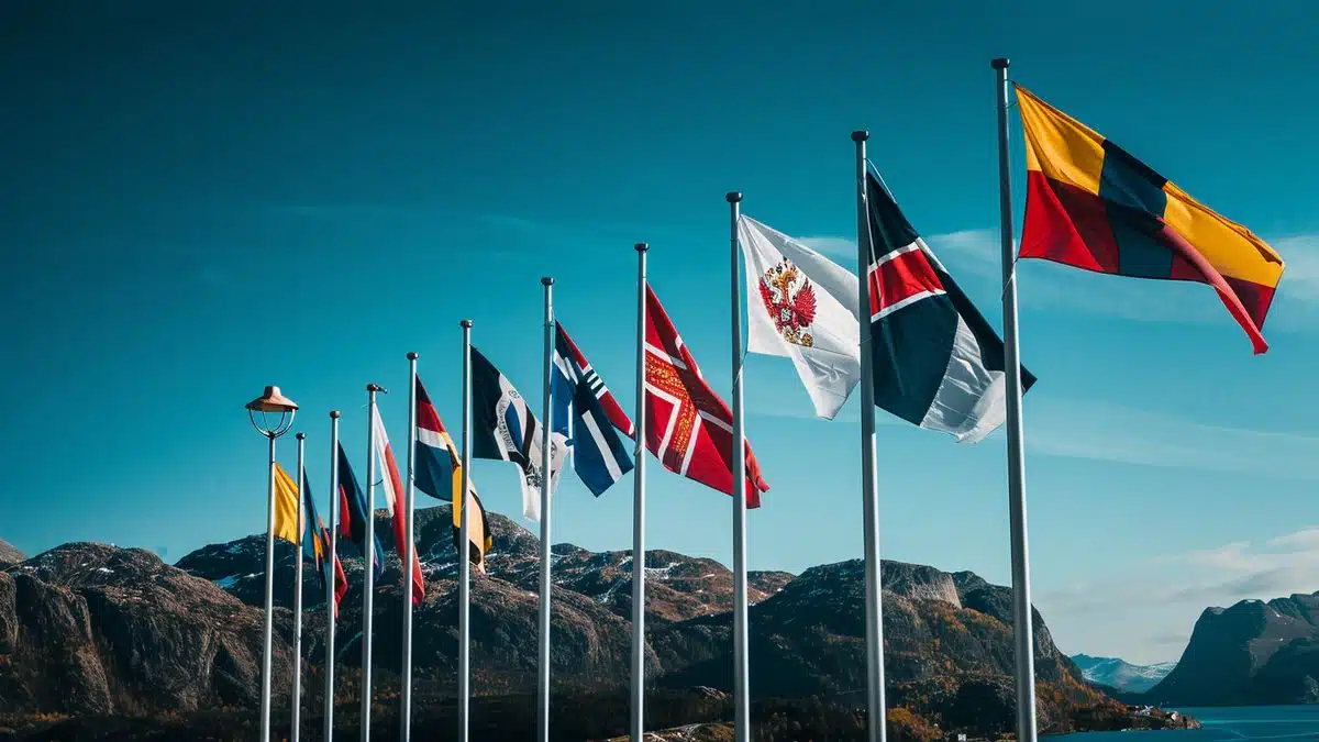 Flags of France, Norway, Montenegro, Denmark, Spain, Sweden, Russia.