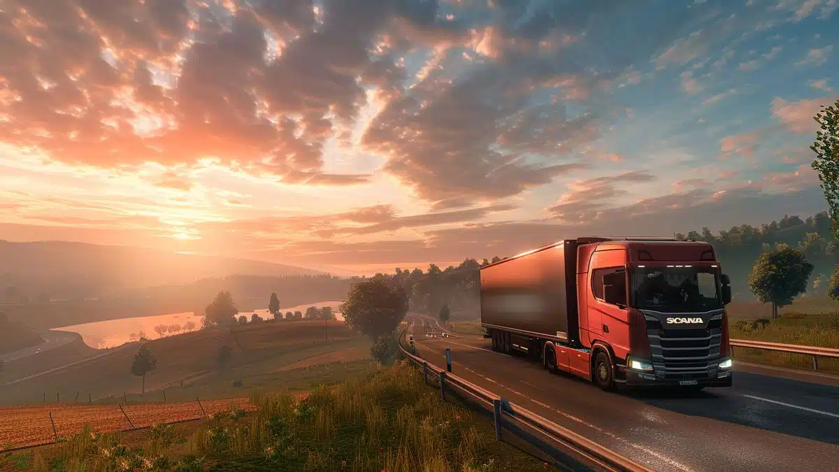 Euro Truck Simulator with beautiful landscapes, occasional interruptions.