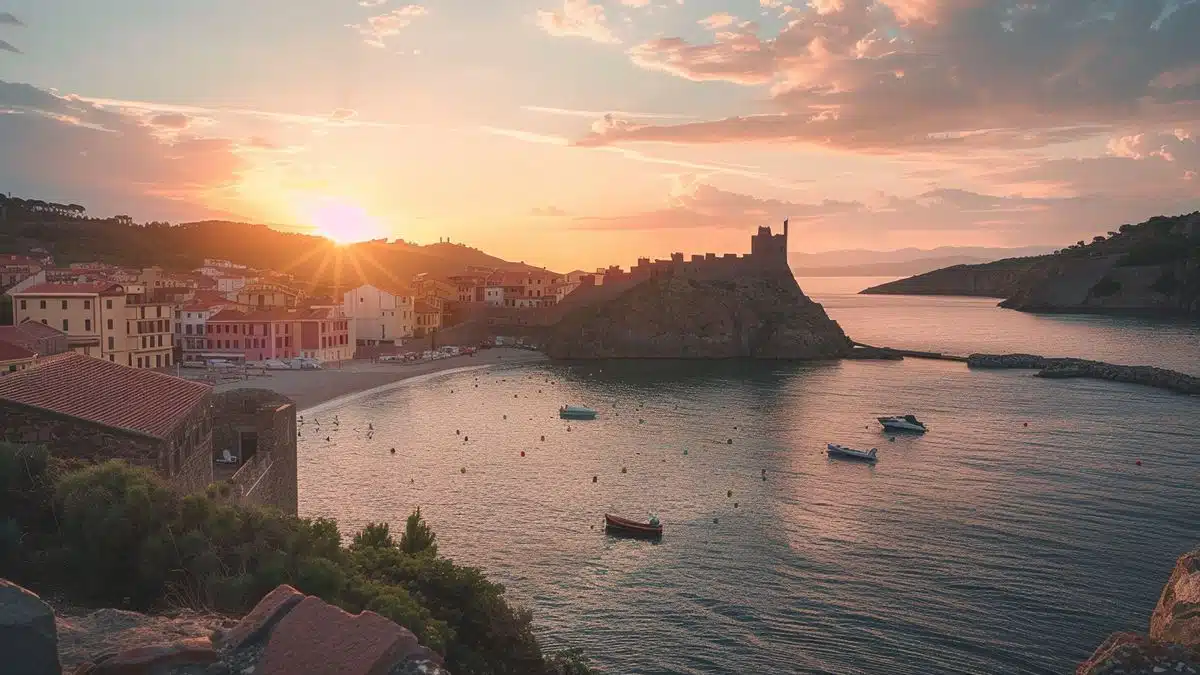 Majestic fortress overlooking Collioure's picturesque harbor at sunset.