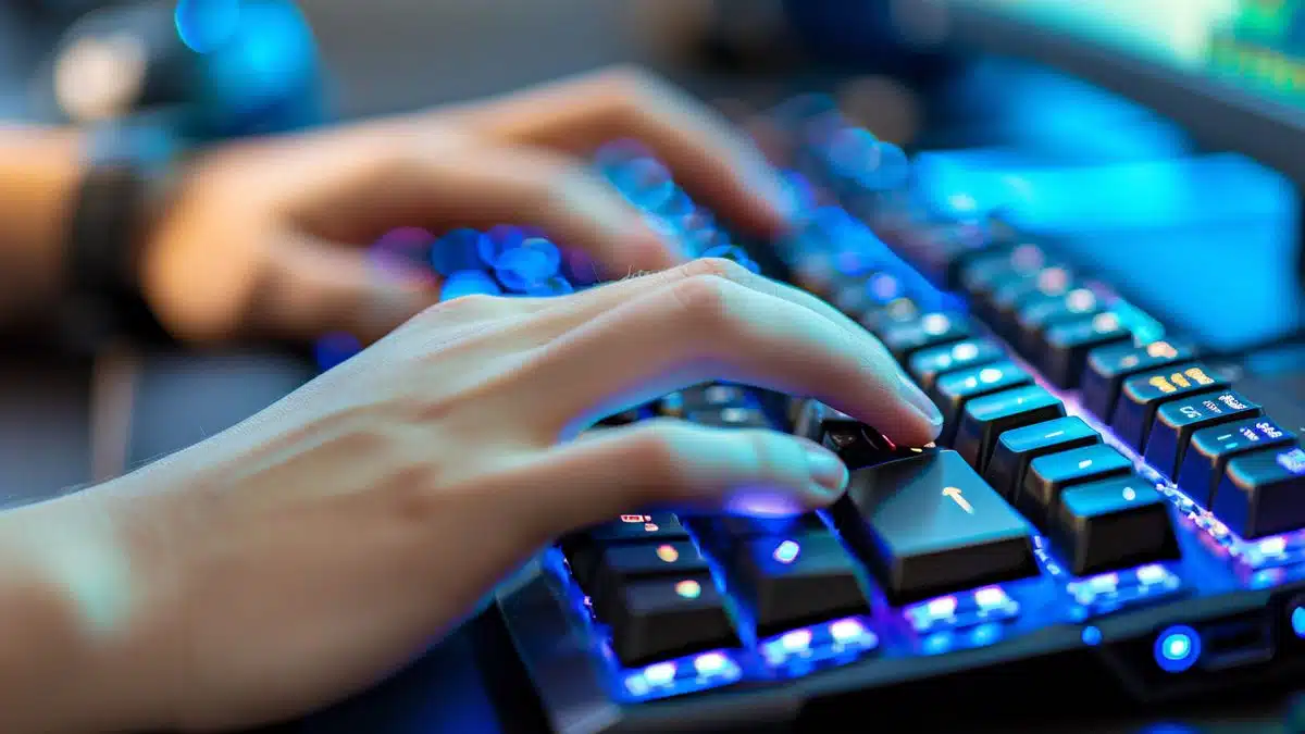 Closeup of admin hands typing commands on a keyboard.