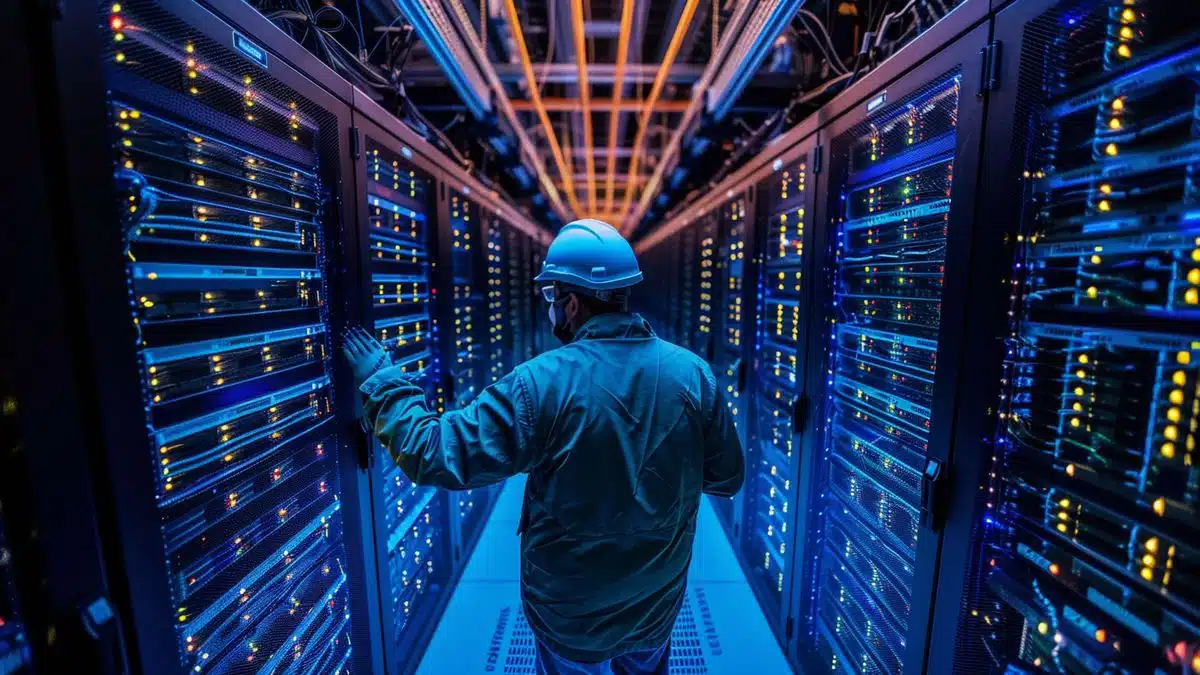 Technician checking servers in a data center.