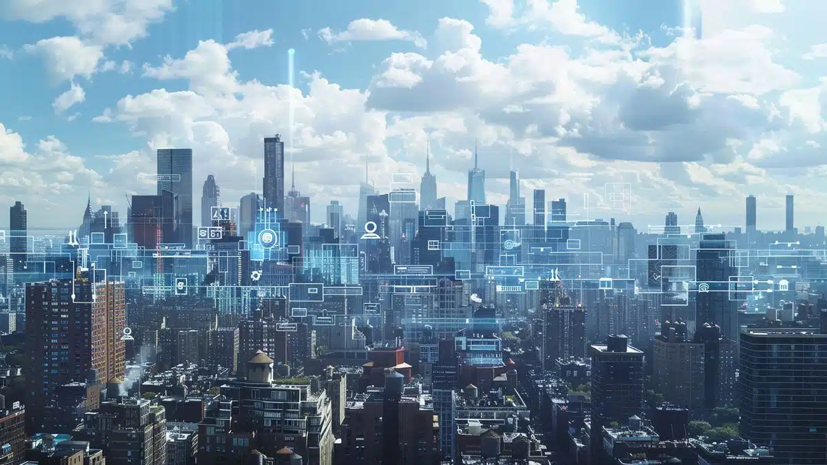 Dynamic cityscape of New York with digital security icons overlaying the image.