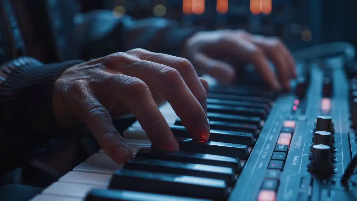 Closeup of hands typing on a keyboard with Proxmox interface open.