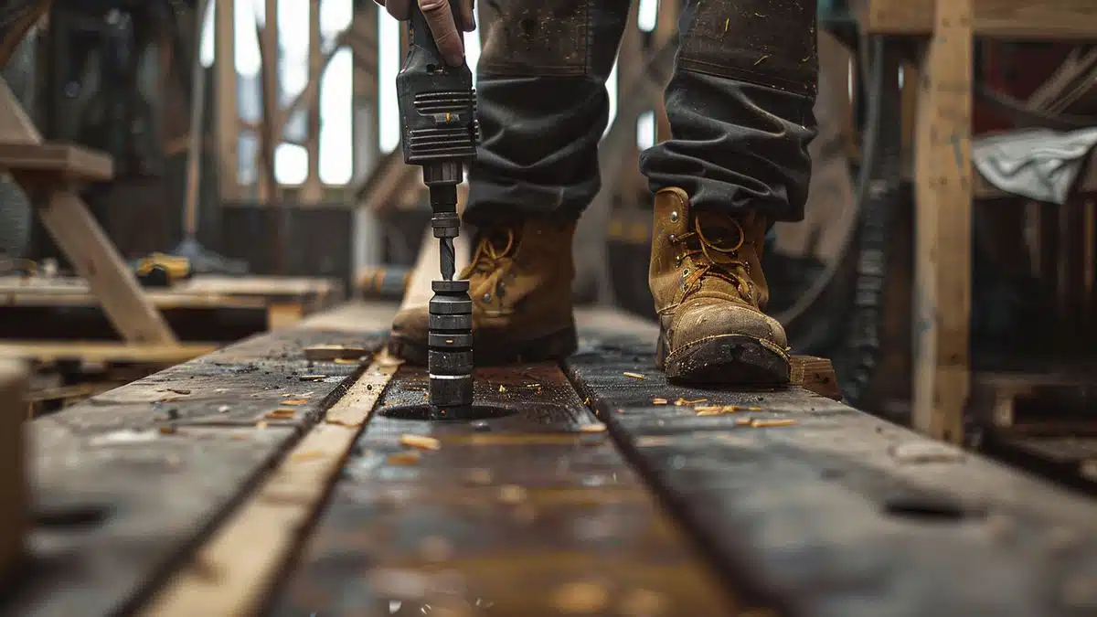 Worker using a power drill to create pilot holes in wooden planks.