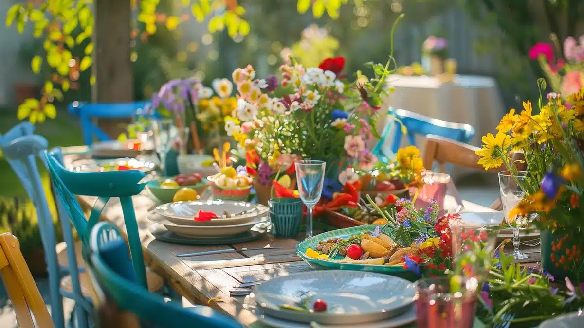 Table set for a garden party with colorful chairs, fresh flowers, and delicious dishes.