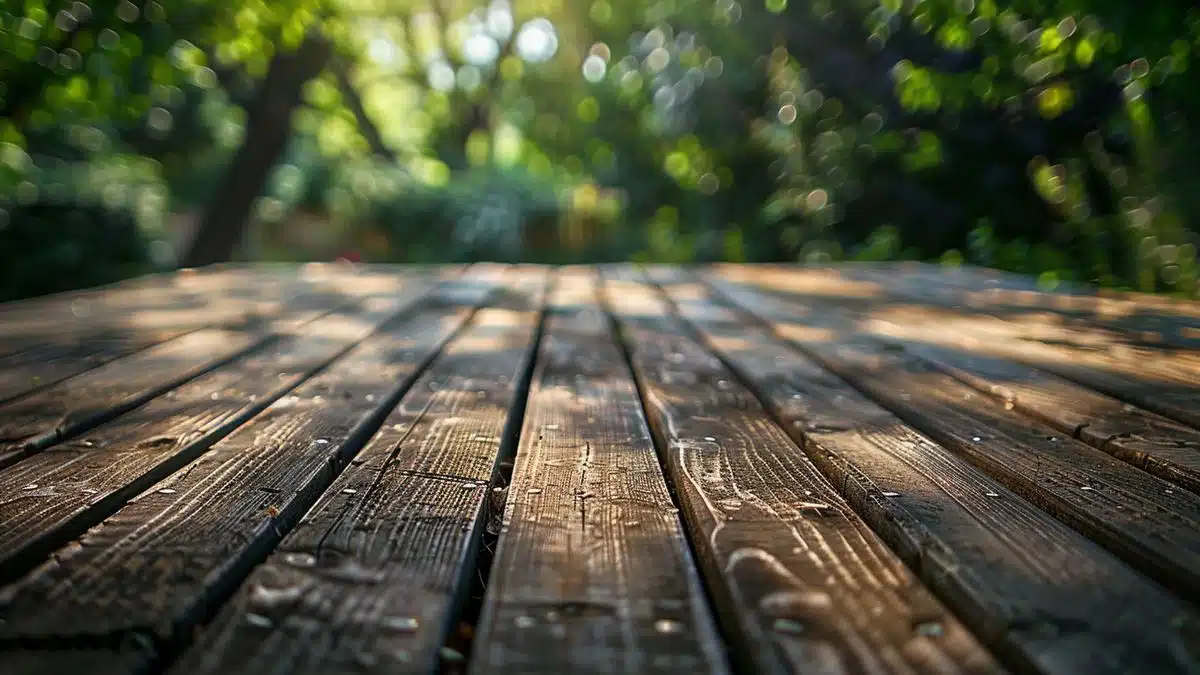 Wooden deck with visible grain, highlighting natural resilience and beauty.