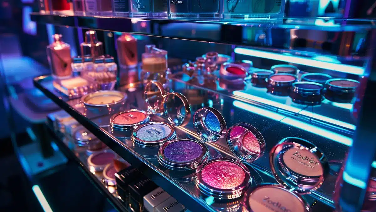 Sephora counter showcasing the “Zodiac” collection with shimmering eyeshadows and blushes.