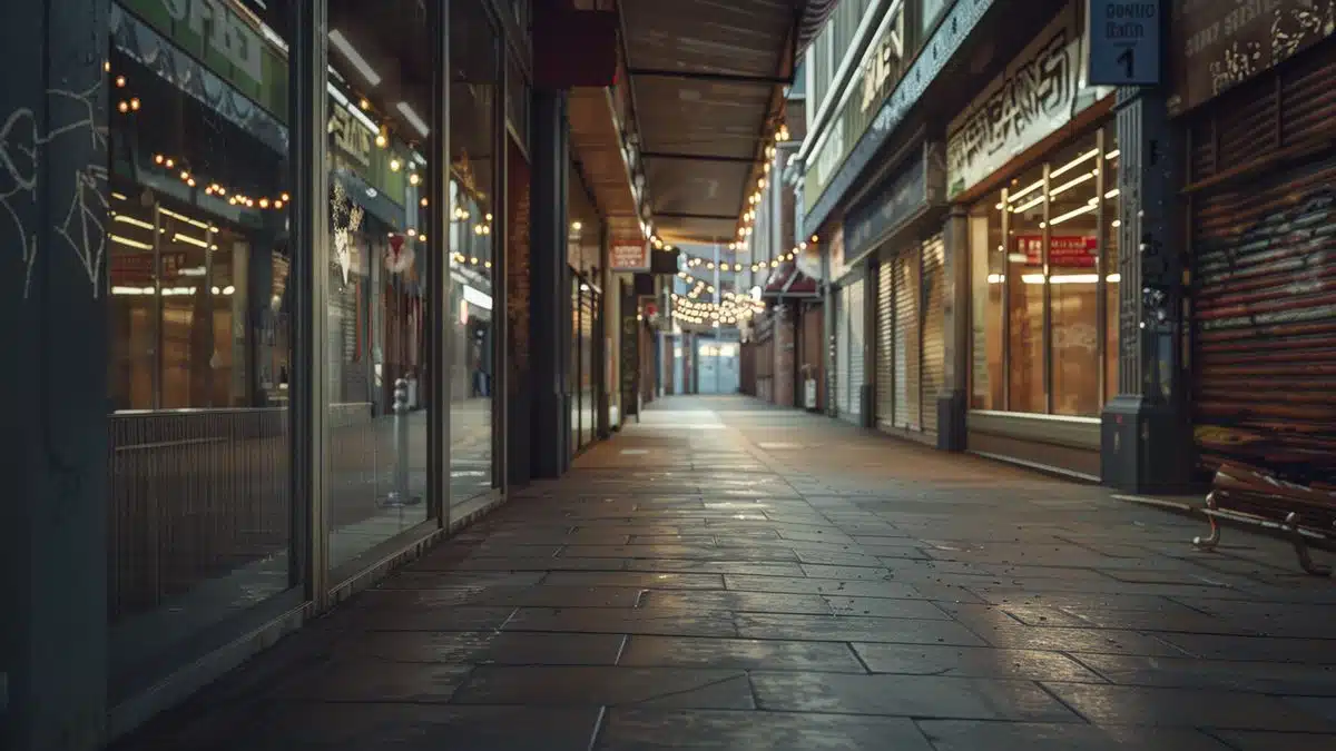 Empty streets with closed shops, reflecting the tense atmosphere.