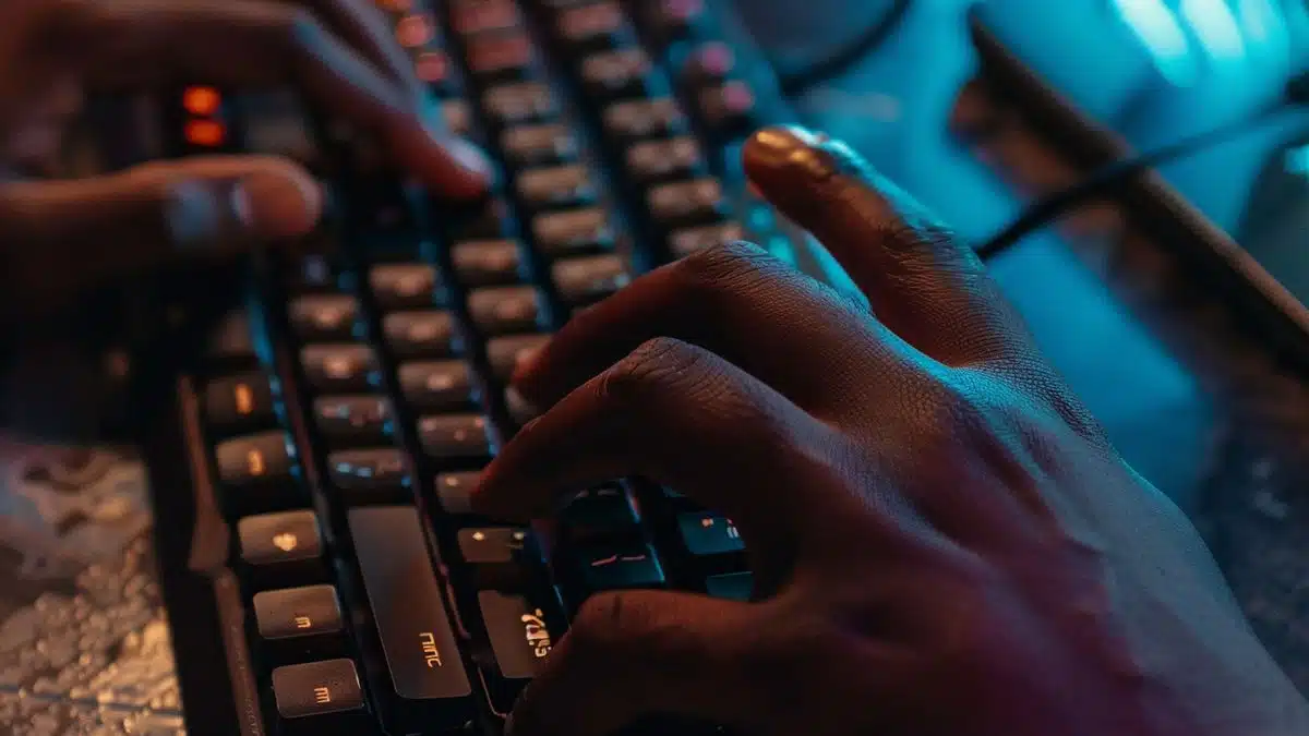 Closeup of hands typing on a keyboard, following instructions.