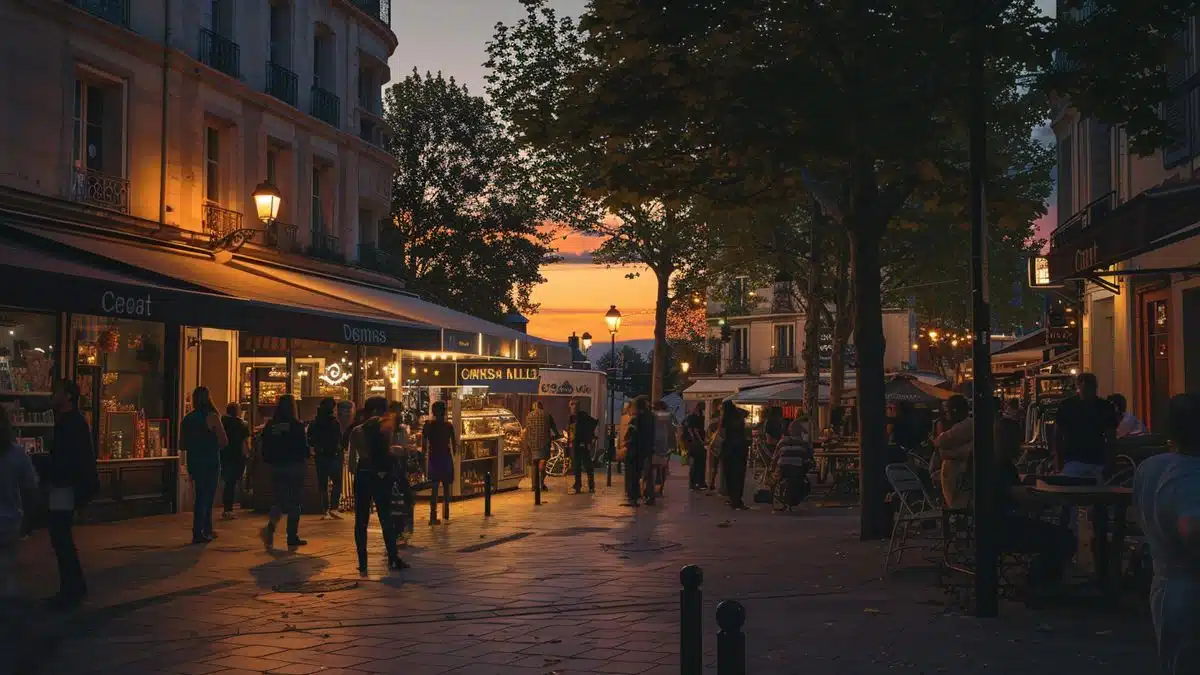 Evening street view in SaintDenis, Châteauroux with people gathering around a commotion.