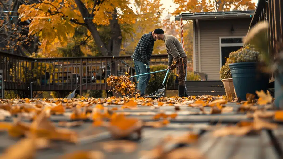 A man sweeping leaves off a wooden deck in autumn.