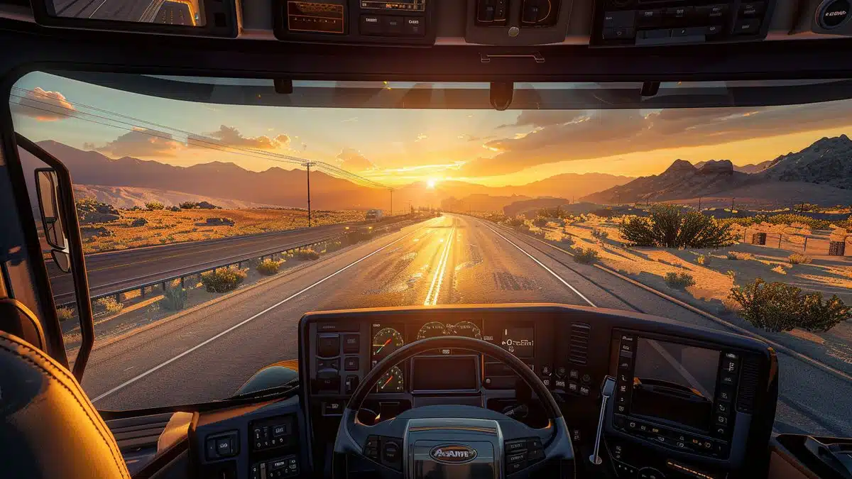 American Truck Simulator: Sunset drive through a desert highway with detailed truck interior.