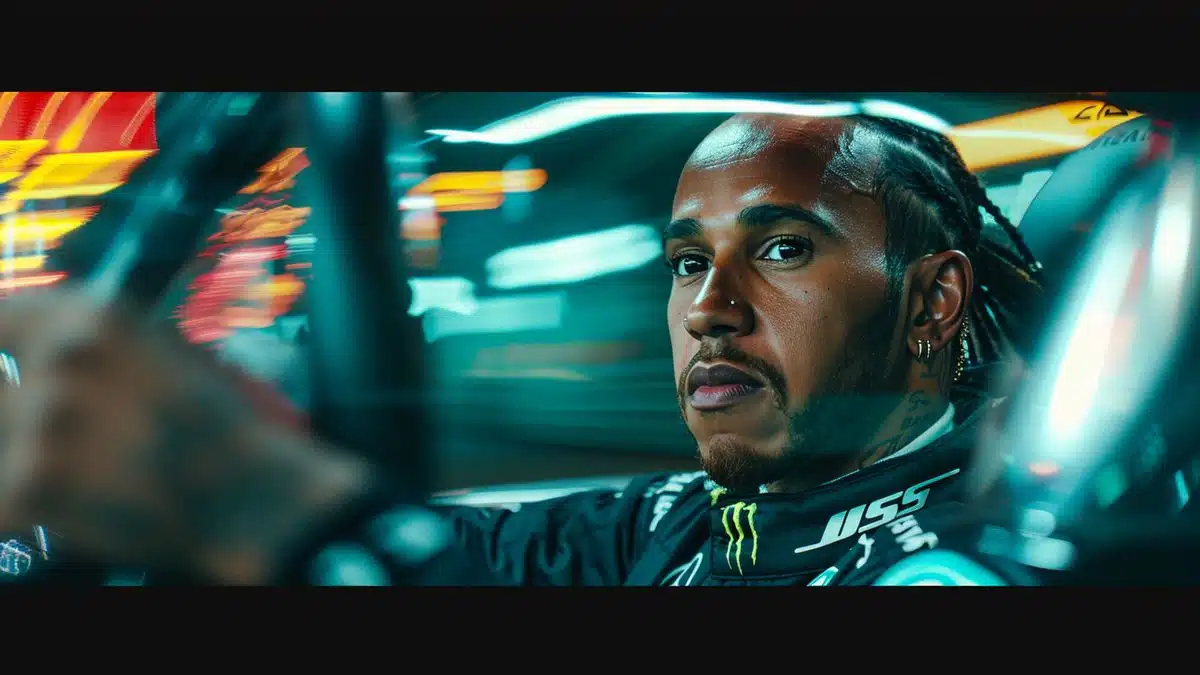 Lewis Hamilton driving fast, with a focused expression.