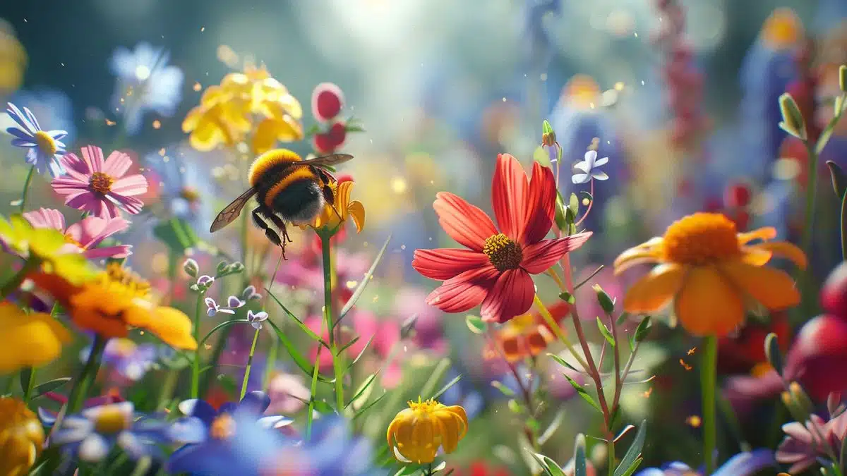 Bees buzzing around colorful cosmos, marigolds, and borage flowers.