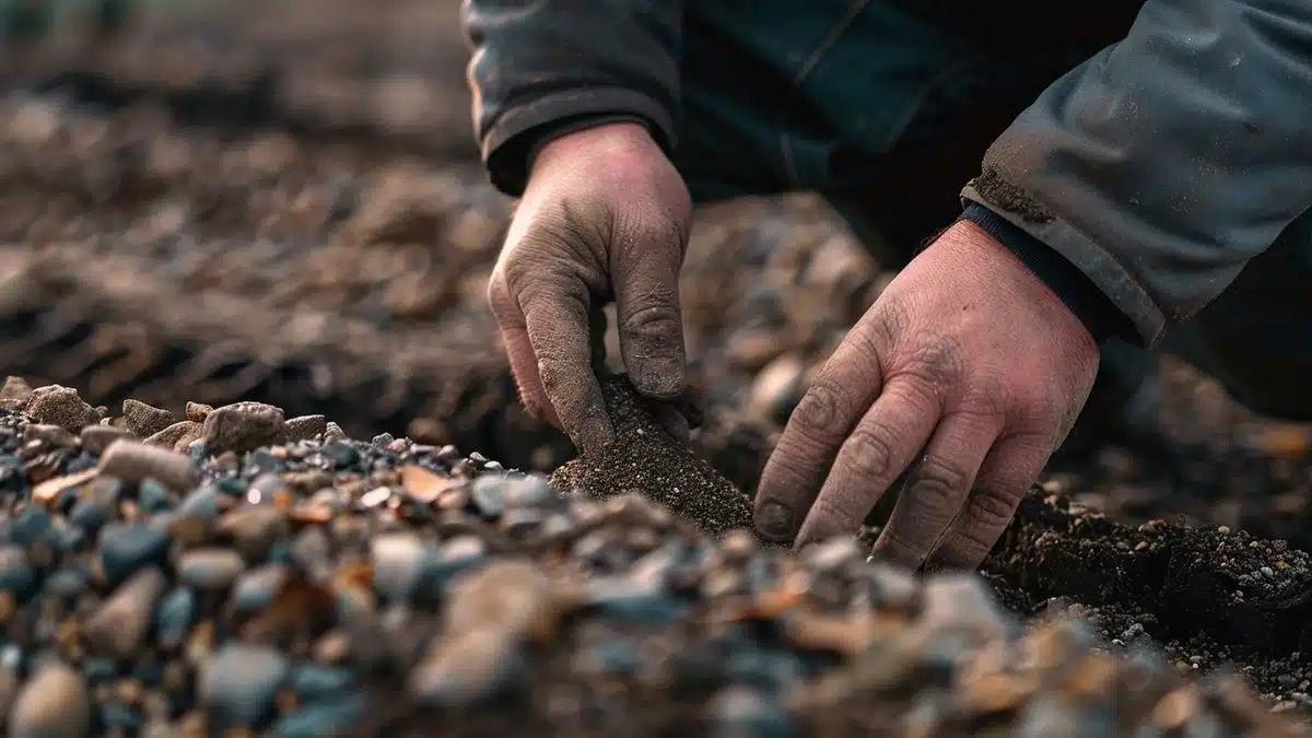 Hands spreading gravel evenly across a dugout area.