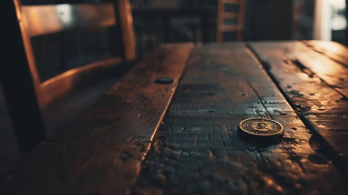 Lonely press badge on a table, untouched and unnoticed.