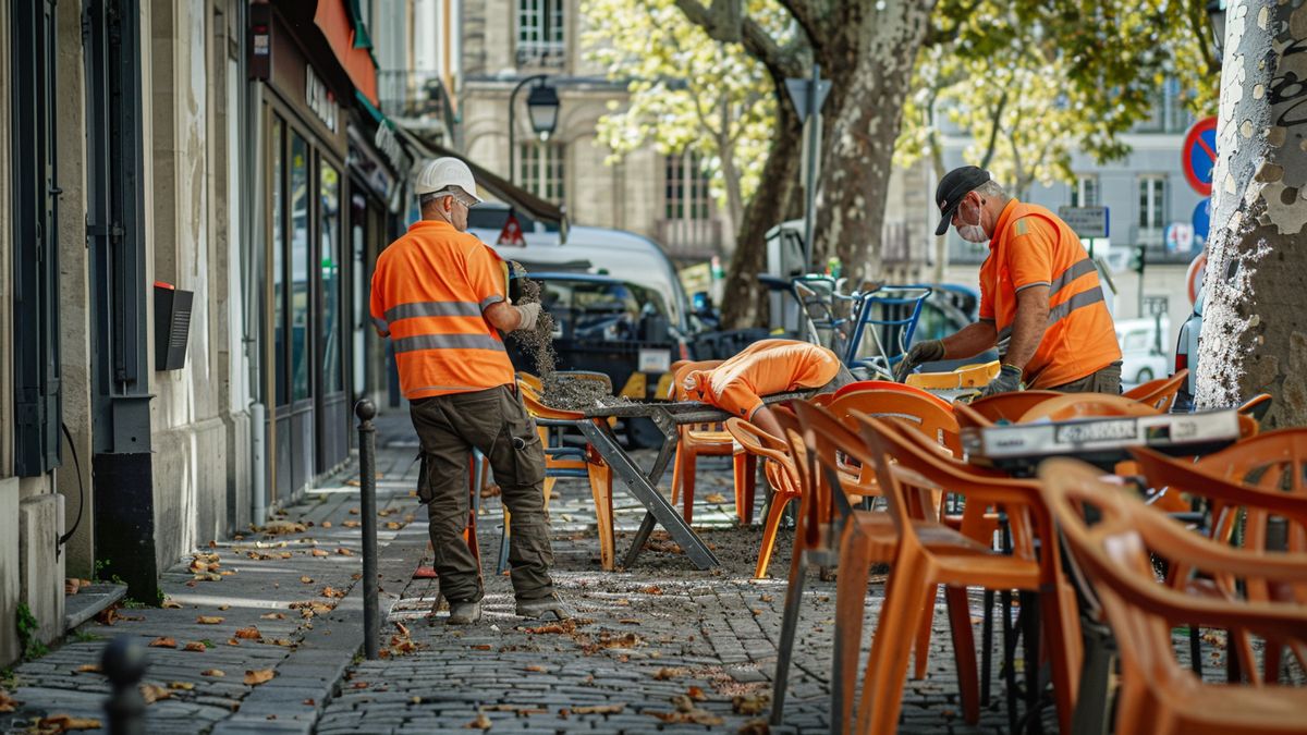 Municipal workers removing outdoor seating in La Rochelle.