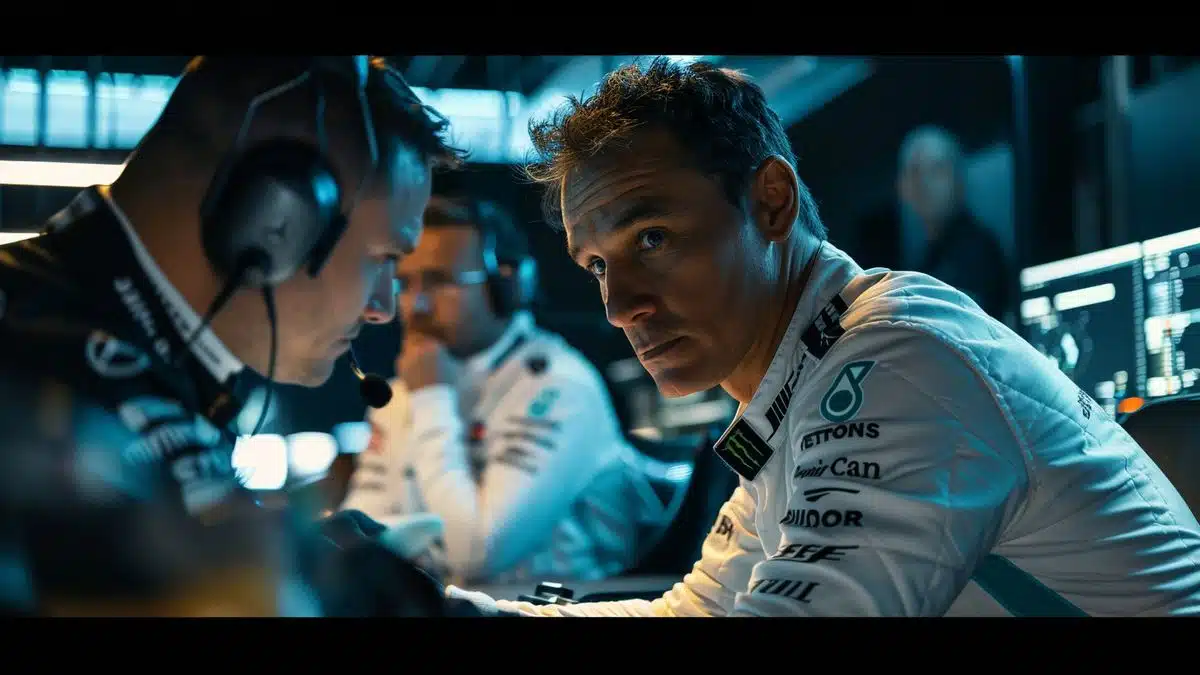 Mercedes team discussing strategy during tense moments.