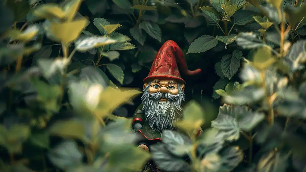 Garden gnome hidden among lush greenery.