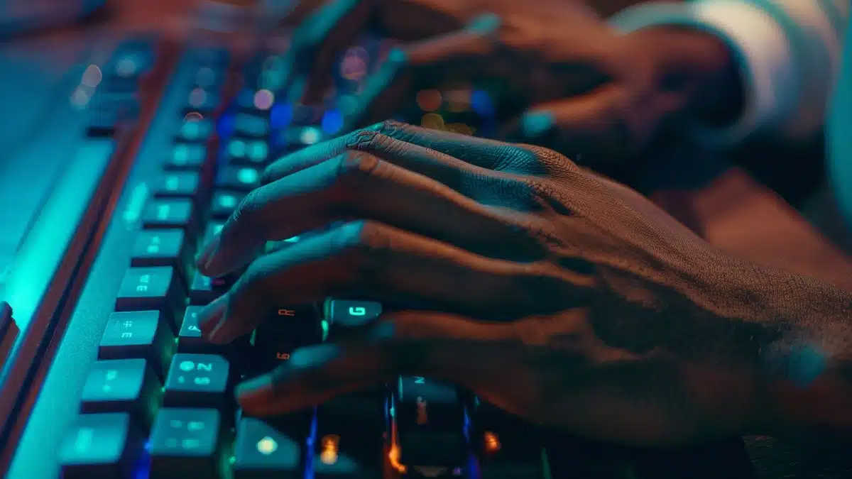 Closeup of hands typing on a keyboard with a worried expression.