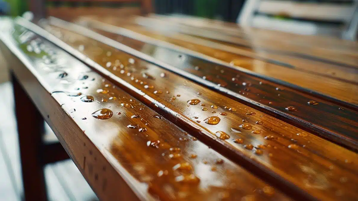 Wooden patio furniture getting a fresh coat of sealant.