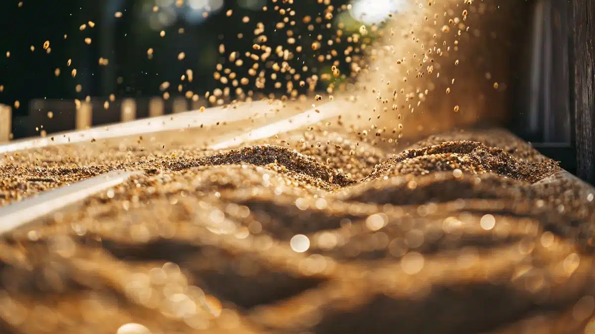 Sand being evenly spread over a prepared outdoor area.