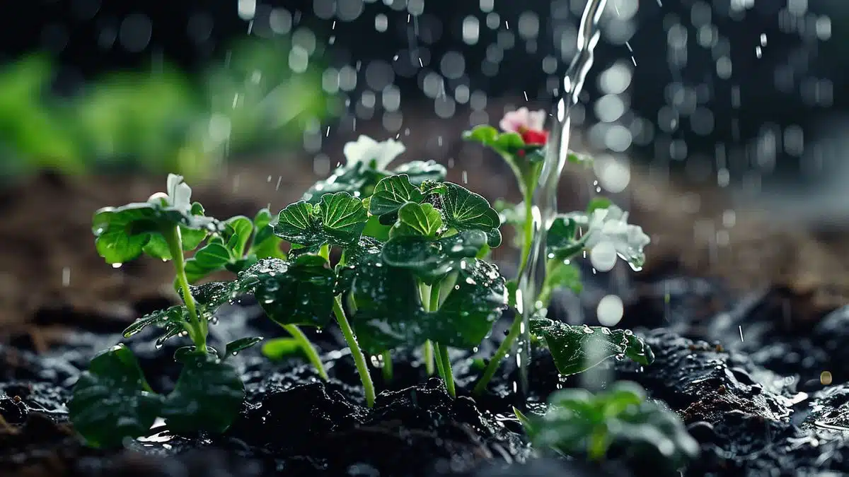 Freshly planted geraniums being watered abundantly.