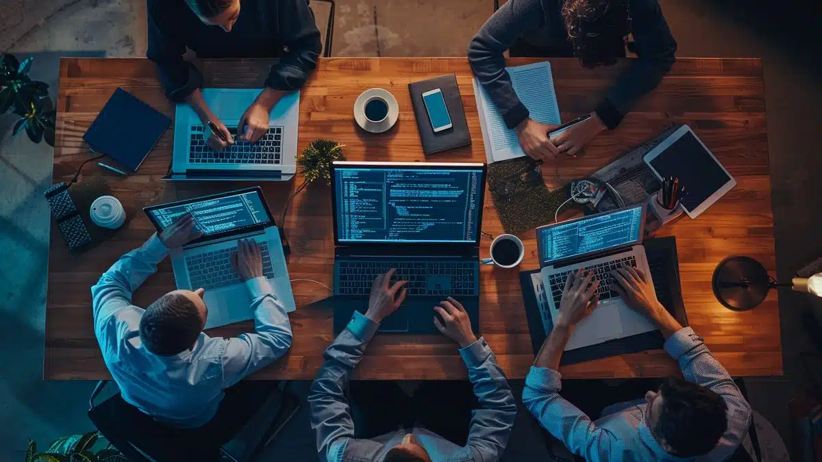 Engineers coding intensely, surrounded by coffee cups and notebooks.