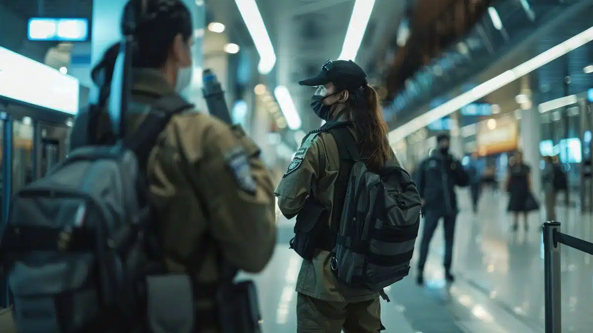 Security checkpoint with Israeli athletes showing their credentials.