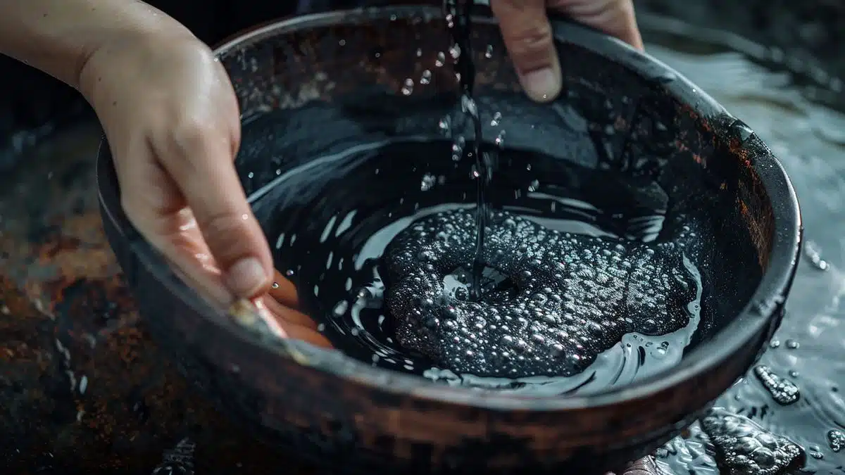 Hands mixing black soap solution in a bowl with warm water.