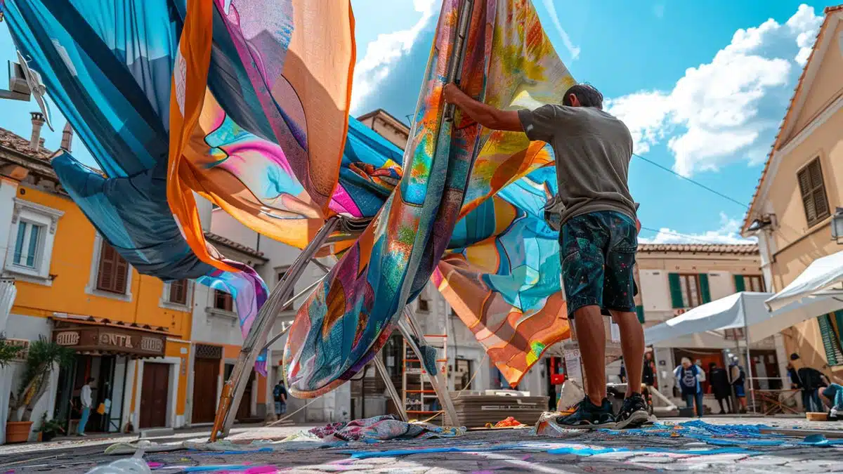 Artist installing a giant, colorful sculpture in the village square.