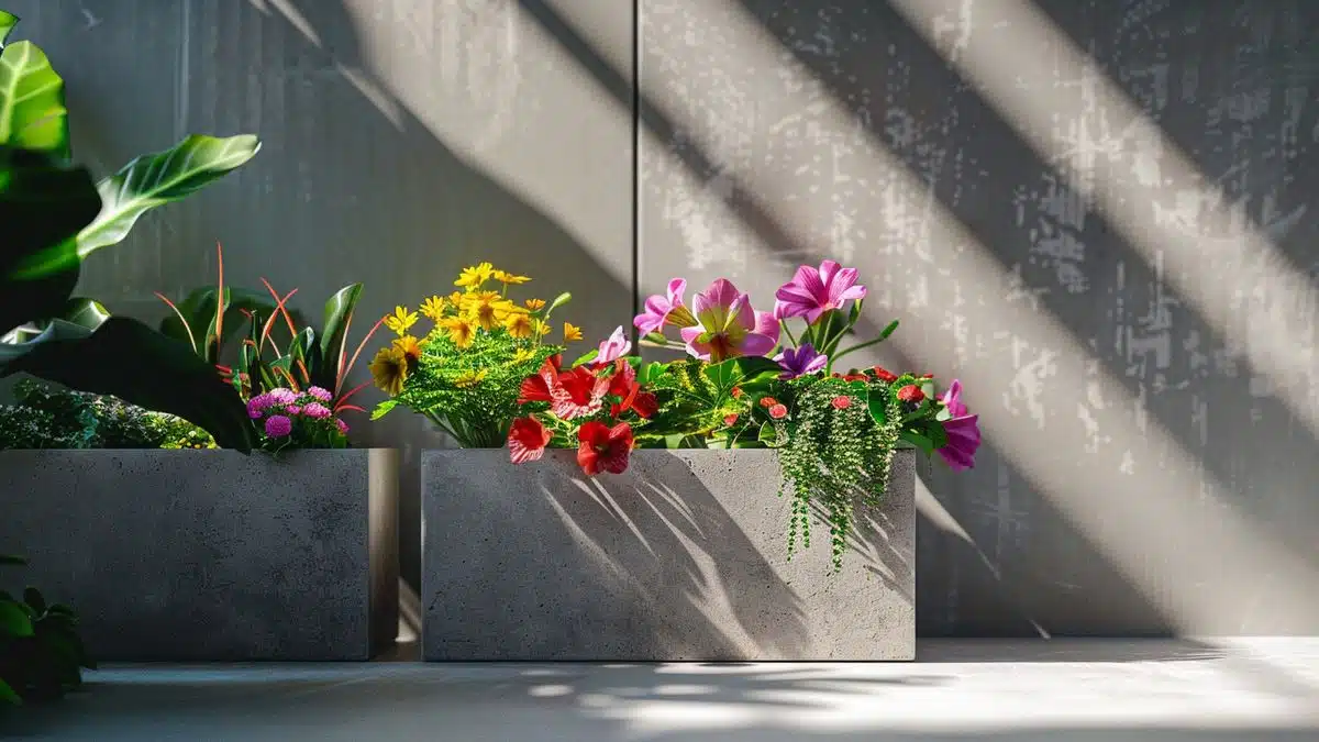 Concrete planters with vibrant flowers in a minimalist setting.