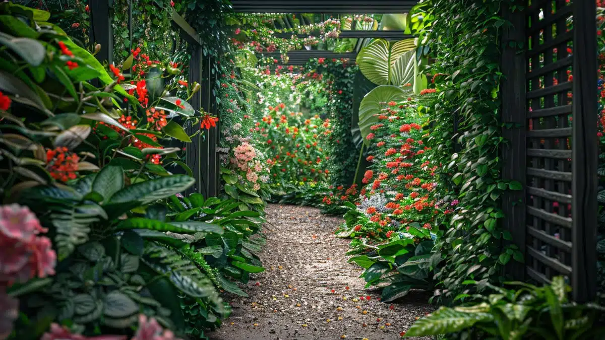 Trellised garden area with flourishing climbing plants and flowers.